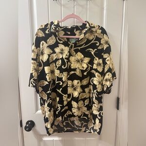 Reyn Spooner Hawaiian Traditionals Shirt Black Cream Floral L 100% Spun Rayon